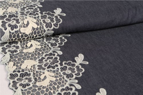 B-WARE !!! - RESTSTÜCK 60cm !!! - Baumwolle - Denim Look mit Spitze - blau weiß